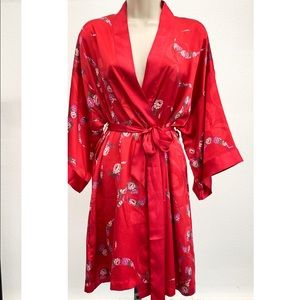 VS Red Floral Short Silk Kimono Robe